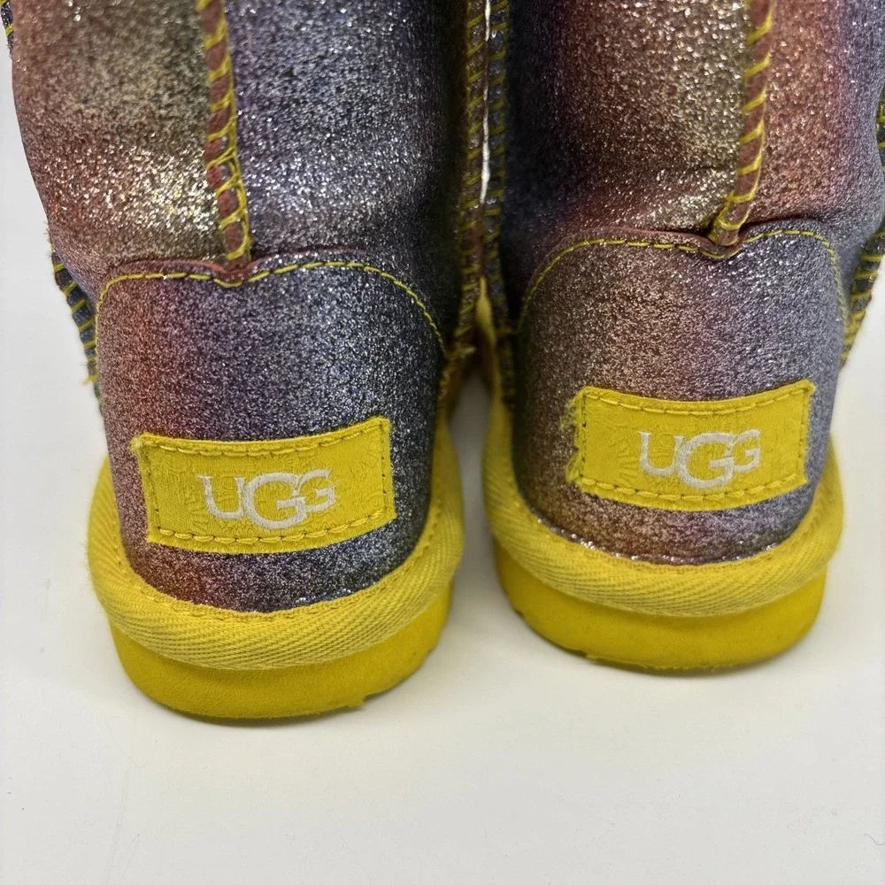UGG Little Girl 10 Rainbow Glitter Yellow Trim Classic Short Shearling Fur Lined